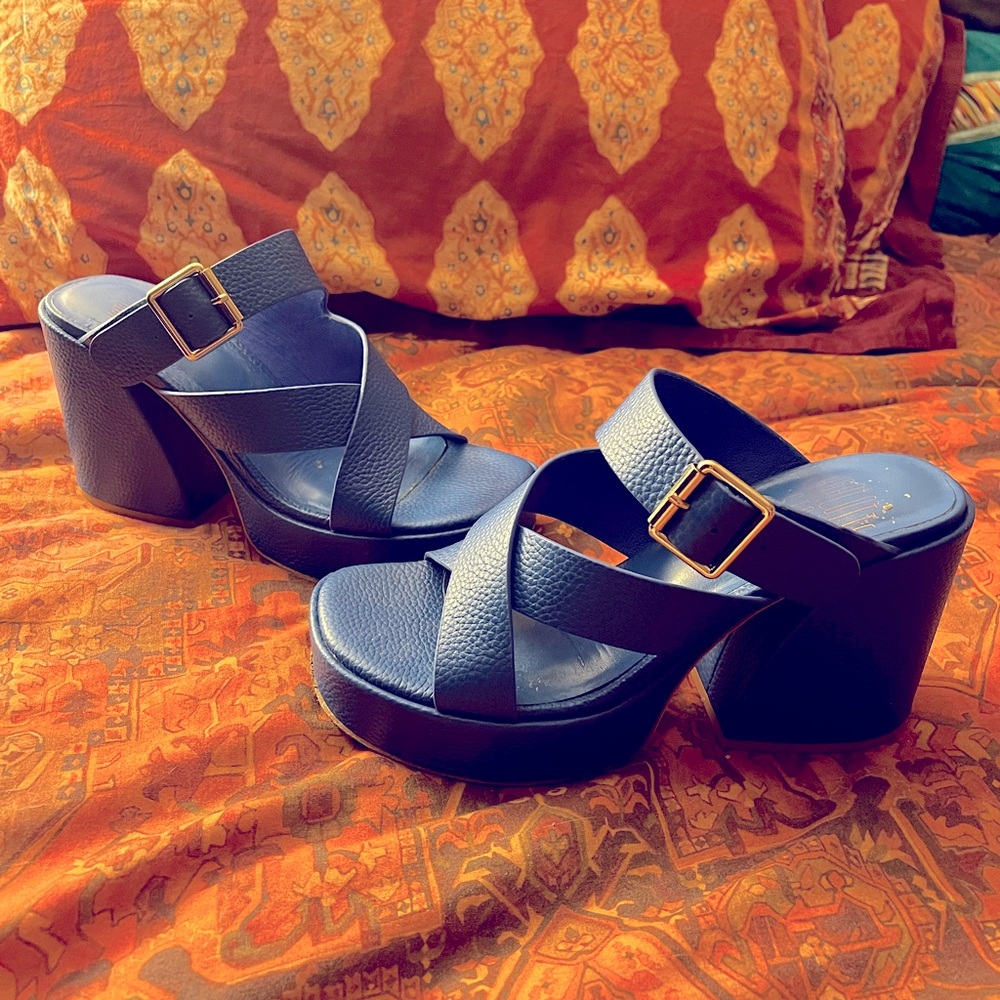 Charlotte Stone Navy Blue Platform Sandal with Gold Buckle